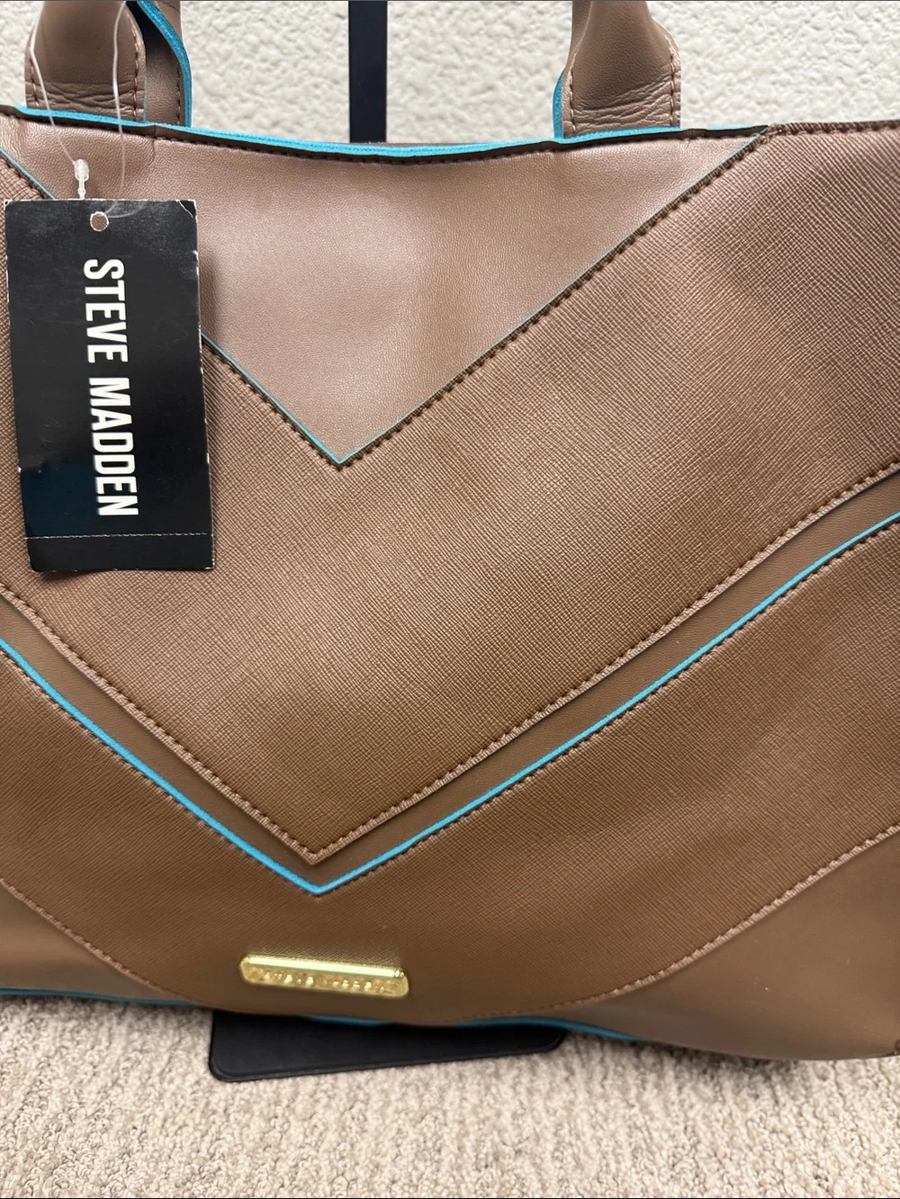 Vintage Steve Madden B Garrett Safiano Brown  Chevron Tote with Teal Trim